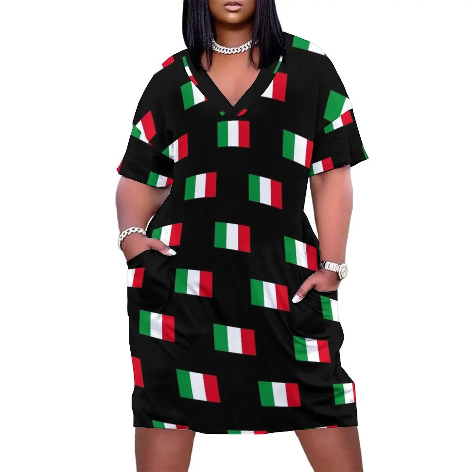 Flag of Italy pattern, Bandiera di Italia, black bg Loose Pocket Dress elegant women's dresses sale elegant women's sets
Flag of Italy pattern, Bandiera di Italia, black bg Loose Pocket Dress elegant women's dresses sale elegant women's sets