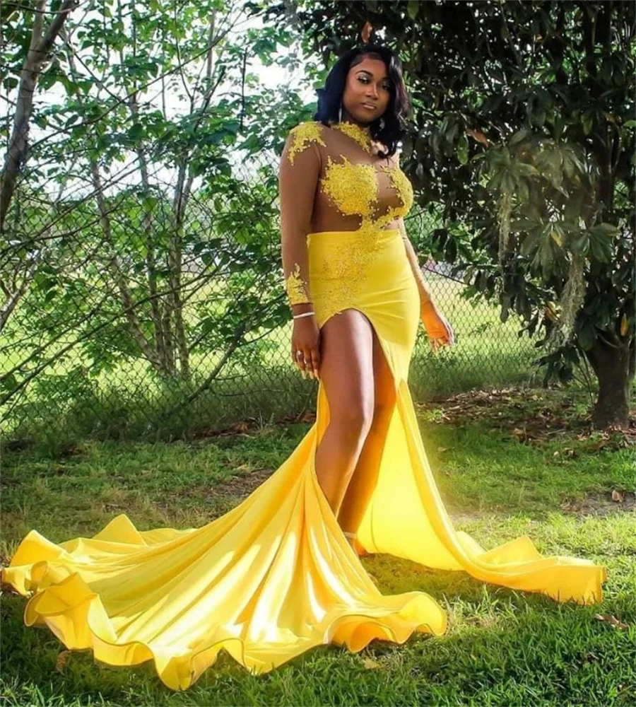 High Slit Yellow Prom Dress For Black Women Illusion Appliques Lace Mermaid Evening Gowns Elegant Dance Birthday Wear Customized
High Slit Yellow Prom Dress For Black Women Illusion Appliques Lace Mermaid Evening Gowns Elegant Dance Birthday Wear Customized