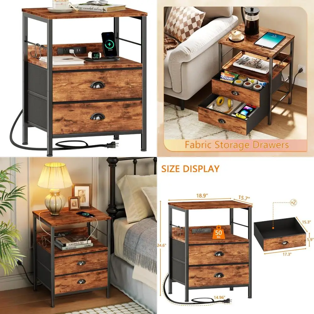 Rustic Style Nightstand with Charging Station, Fabric Drawers, USB Ports, and Outlets for Bedside Use
Rustic Style Nightstand with Charging Station, Fabric Drawers, USB Ports, and Outlets for Bedside Use