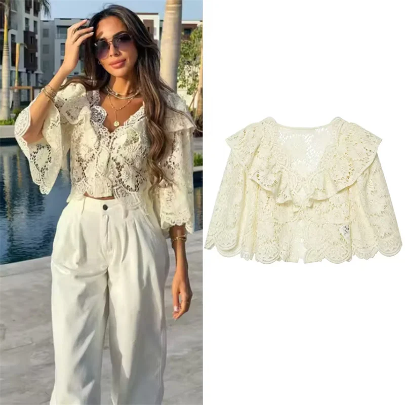 Women's Jacket 2026 Summer New Style Light Yellow Short Sleeve Ruffle Lace Decor Sexy See-Through Cropped Top Jacket Fashionable
Women's Jacket 2026 Summer New Style Light Yellow Short Sleeve Ruffle Lace Decor Sexy See-Through Cropped Top Jacket Fashionable