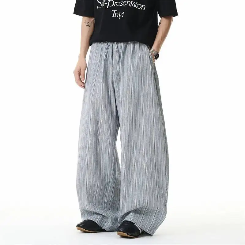 Gray Striped Men's Curved Pants Summer Trendy Loose Straight Drawstring Design Wide Leg Cool Casual Trousers
Gray Striped Men's Curved Pants Summer Trendy Loose Straight Drawstring Design Wide Leg Cool Casual Trousers