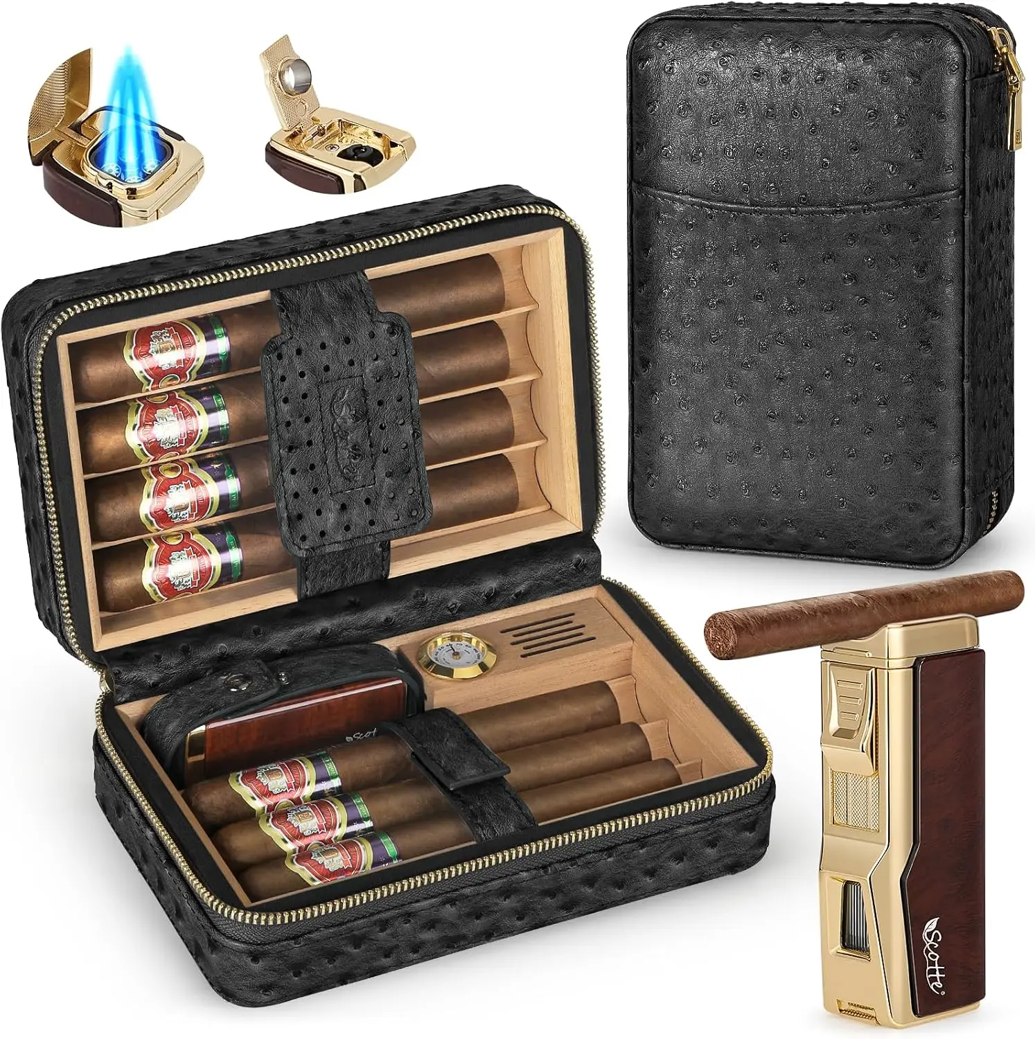 Cigar Humidor Box & Torch Lighter Set, Cedar Lined Leather Case with Hygrometer, Portable Travel Kit (Black)
Cigar Humidor Box & Torch Lighter Set, Cedar Lined Leather Case with Hygrometer, Portable Travel Kit (Black)