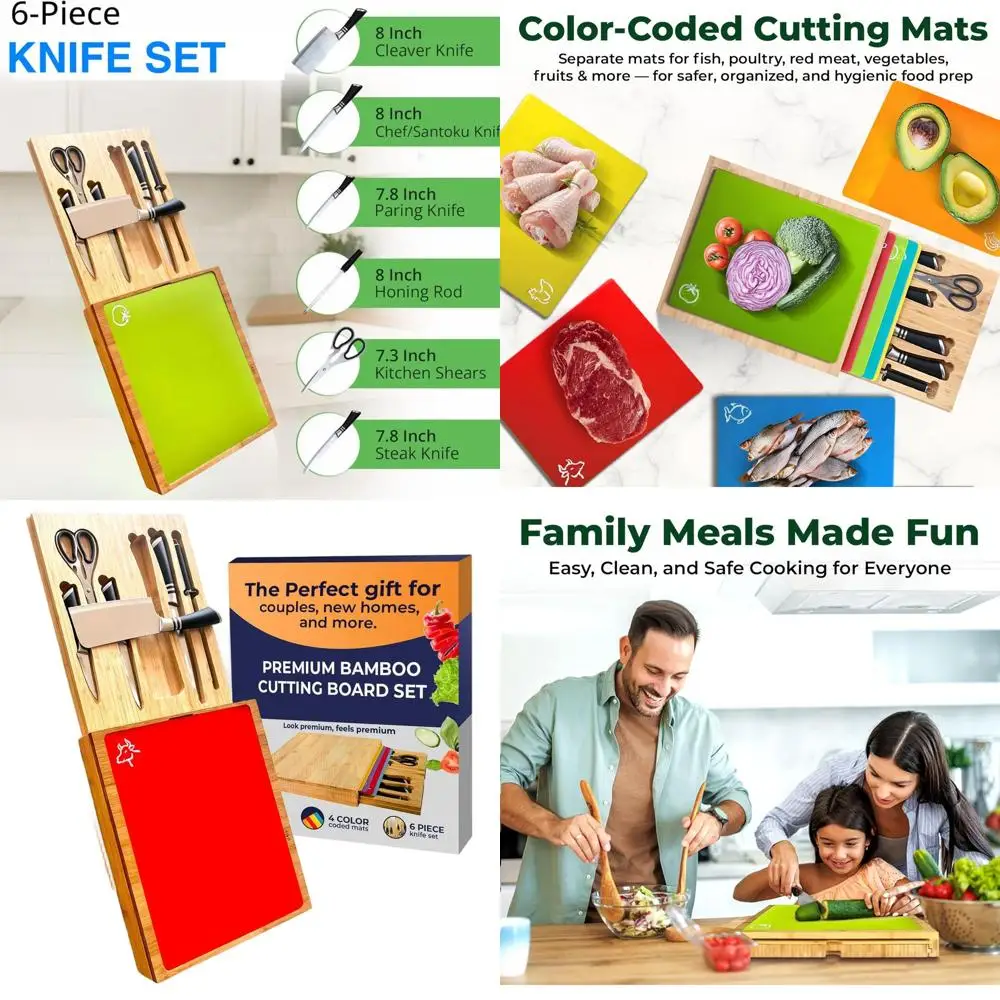 3-in-1 Bamboo Board Set - Pre-Oiled, 15.7x13.5 - Knife Storage | Non-Slip | Color-Coded | 6-Knife Set | Premium Gift | Cheese &
3-in-1 Bamboo Board Set - Pre-Oiled, 15.7x13.5 - Knife Storage | Non-Slip | Color-Coded | 6-Knife Set | Premium Gift | Cheese &