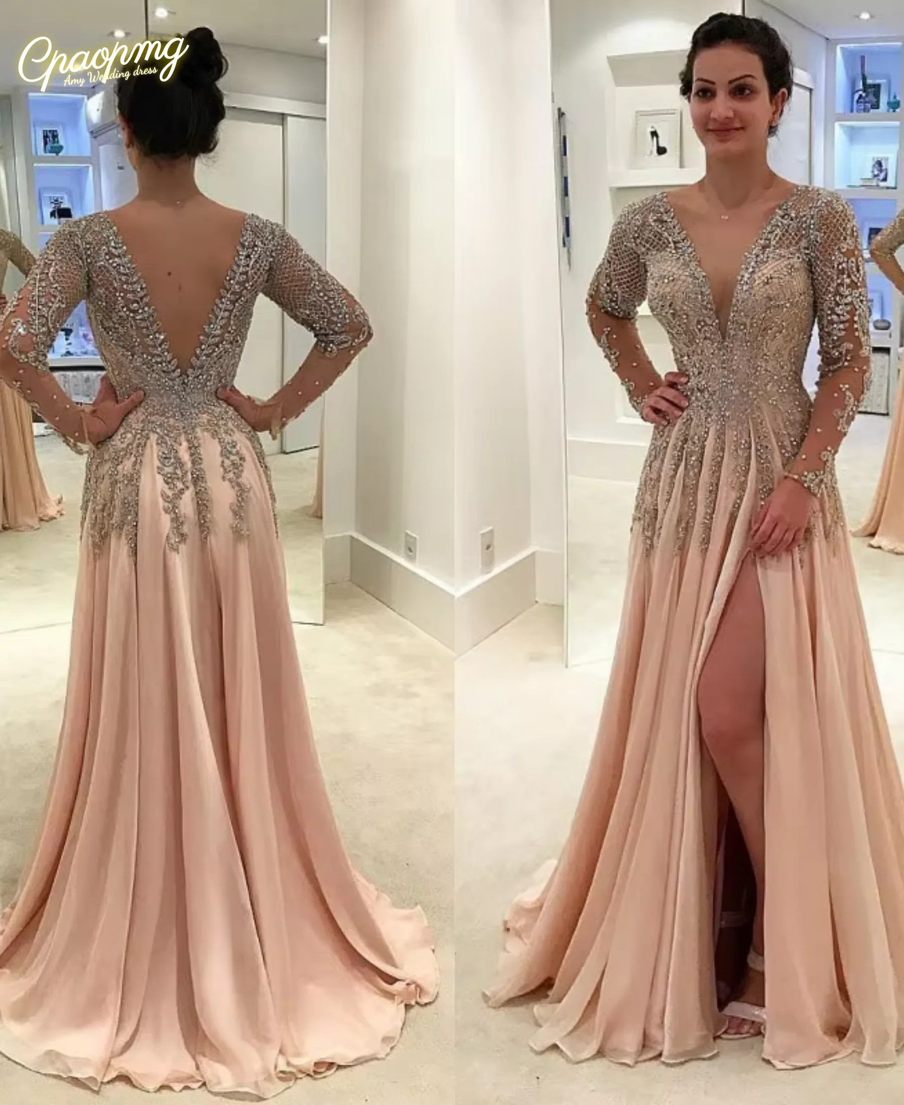 Customized Lucxury Beading Long Sleeve Evening Dresses A-Line Side Slit V-Neck Chiffon Luxury Party Prom Gown Backless
Customized Lucxury Beading Long Sleeve Evening Dresses A-Line Side Slit V-Neck Chiffon Luxury Party Prom Gown Backless