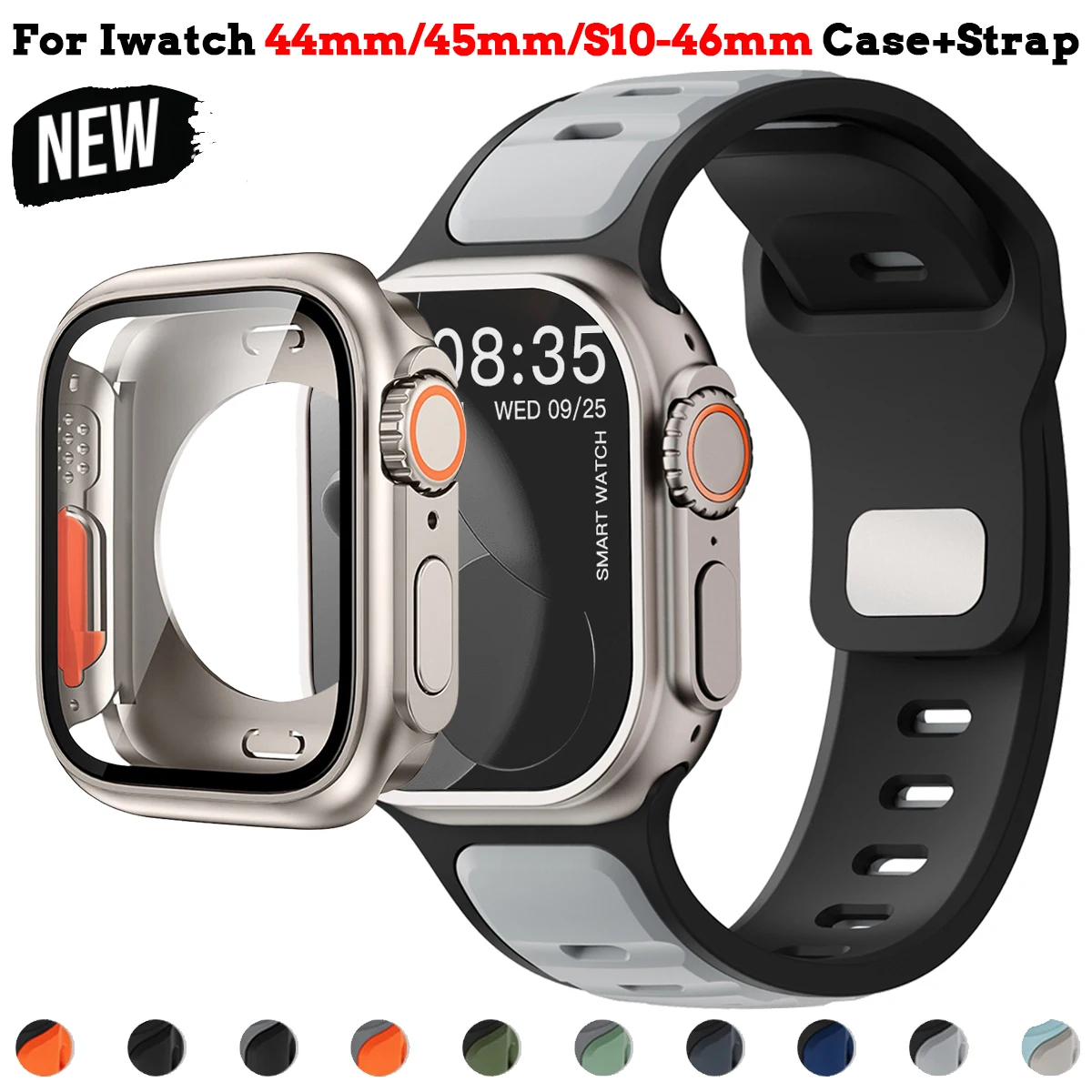 Strap+Case for Apple Watch 46mm 45mm 44mm Silicone Band Hard PC Screen Protector Cover Bumper for Iwatch 10 9876 Change To Ultra
Strap+Case for Apple Watch 46mm 45mm 44mm Silicone Band Hard PC Screen Protector Cover Bumper for Iwatch 10 9876 Change To Ultra