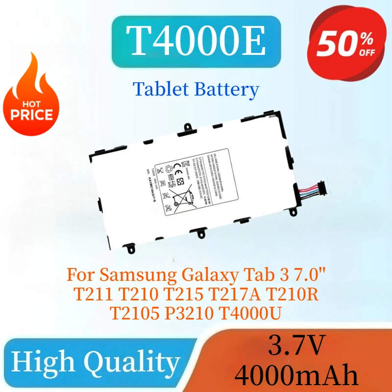 High Quality T4000E 3.7V 4000mAh Tablet Battery For Samsung Galaxy Tab 3 7.0'' T211 T210 T215 T217A T210R T2105 P3210 T4000U
High Quality T4000E 3.7V 4000mAh Tablet Battery For Samsung Galaxy Tab 3 7.0'' T211 T210 T215 T217A T210R T2105 P3210 T4000U