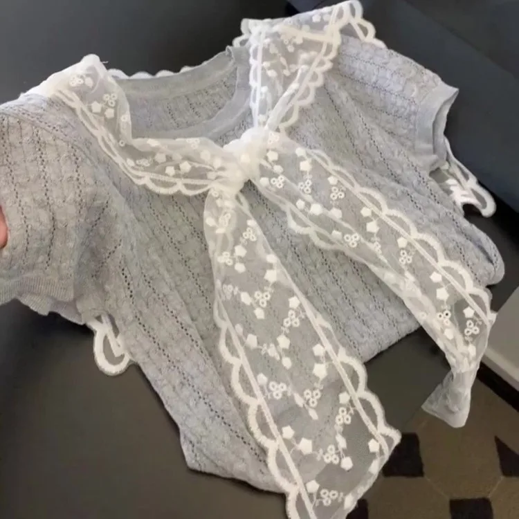 Korean Retro Lace Shawl Gray Short Sleeve Knitted T-shirts Simple All-match Slim Fit Tee 2025 O-neck Top for Women Sweaters
Korean Retro Lace Shawl Gray Short Sleeve Knitted T-shirts Simple All-match Slim Fit Tee 2025 O-neck Top for Women Sweaters