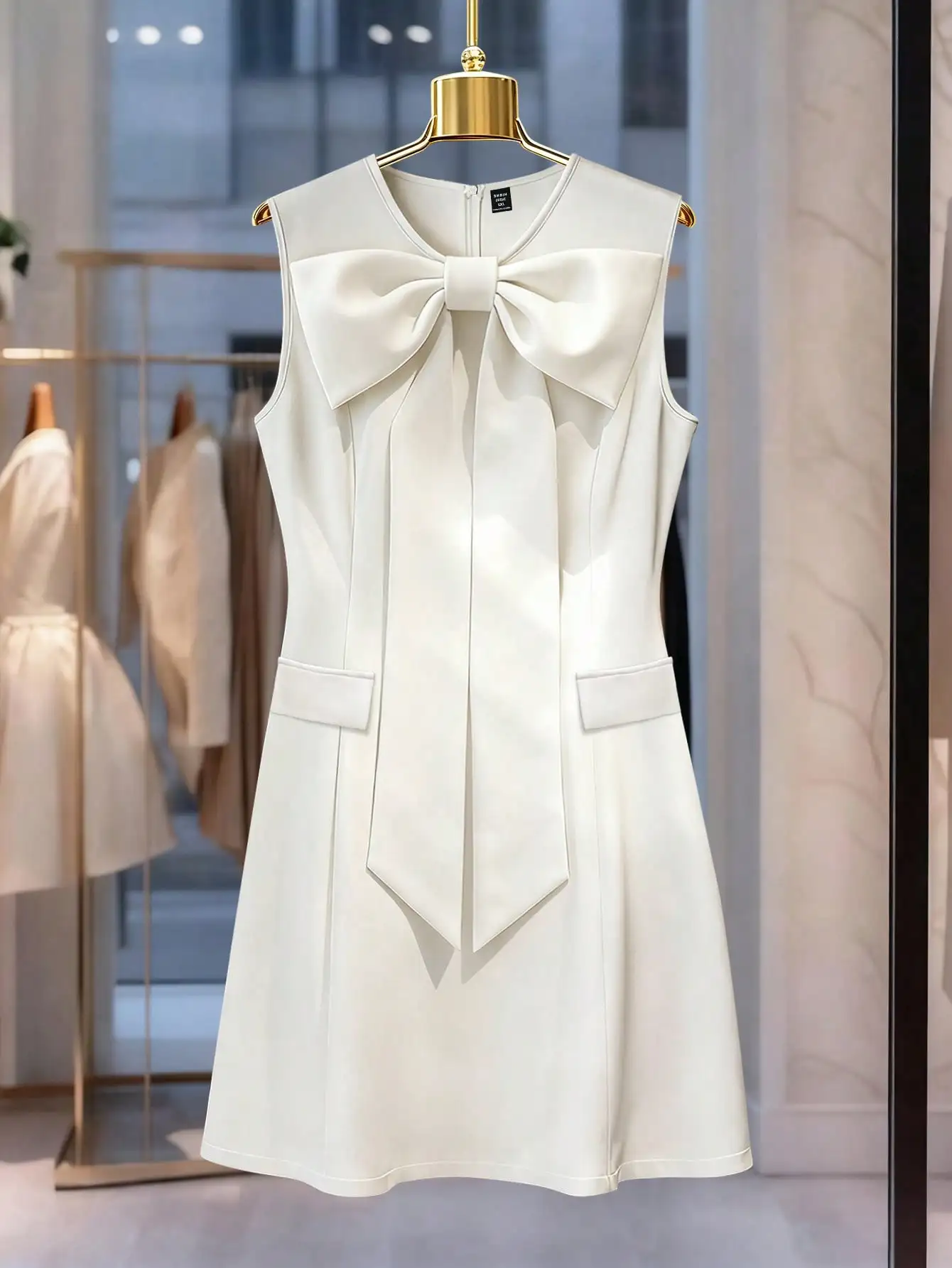 Elegant Cream Sleeveless Dress with Large Bow Detail and Faux Pockets
Elegant Cream Sleeveless Dress with Large Bow Detail and Faux Pockets