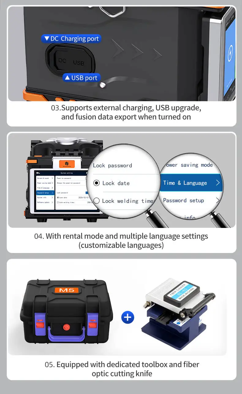 M5 FTTH Fiber Optic Cable Fusion Splicer 4-Core CPU with 4.3" Touch Screen Operation for Optical Fibre Splicing Machine
M5 FTTH Fiber Optic Cable Fusion Splicer 4-Core CPU with 4.3" Touch Screen Operation for Optical Fibre Splicing Machine