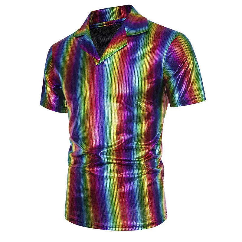 Multi Colors Men's Bronzing Design Lapel Collar Short Sleeve T-Shirt Fashionable Party Club Stage Performance T Shirt for Men
Multi Colors Men's Bronzing Design Lapel Collar Short Sleeve T-Shirt Fashionable Party Club Stage Performance T Shirt for Men