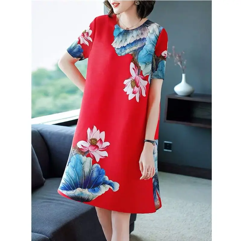 Literary and artistic printed pleated dress spring summer new round neck mid length casual short sleeve a-line skirt female top
Literary and artistic printed pleated dress spring summer new round neck mid length casual short sleeve a-line skirt female top