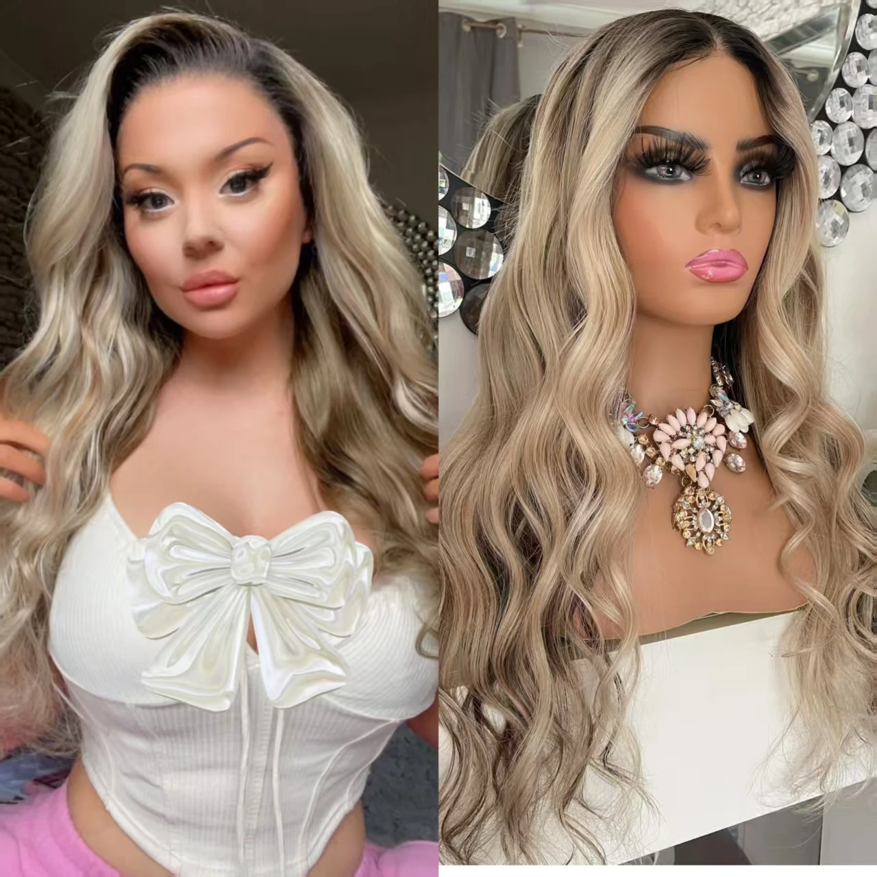 Rooted Ash Blonde Ombre Long Wavy Wig Loose Body Wave Synthetic Heat Resistant Wigs middle part and side part looks everyday use
Rooted Ash Blonde Ombre Long Wavy Wig Loose Body Wave Synthetic Heat Resistant Wigs middle part and side part looks everyday use