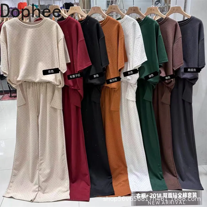 Женские комплекты из двух предметов с полным бриллиантами, свободная футболка с короткими рукавами, топ + повседневные широкие брюки с эластичной резинкой на талии
Женские комплекты из двух предметов с полным бриллиантами, свободная футболка с короткими рукавами, топ + повседневные широкие брюки с эластичной резинкой на талии