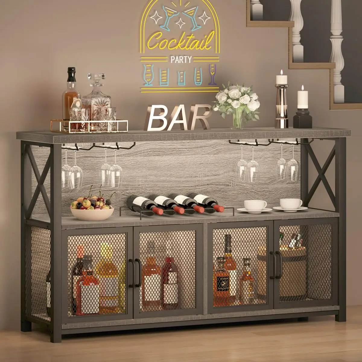 Industrial Bar Cabinet with Wine Rack Storage Buffet Sideboard for Kitchen Dining Living Room 47in Light Grey Oak, Customized
Industrial Bar Cabinet with Wine Rack Storage Buffet Sideboard for Kitchen Dining Living Room 47in Light Grey Oak, Customized
