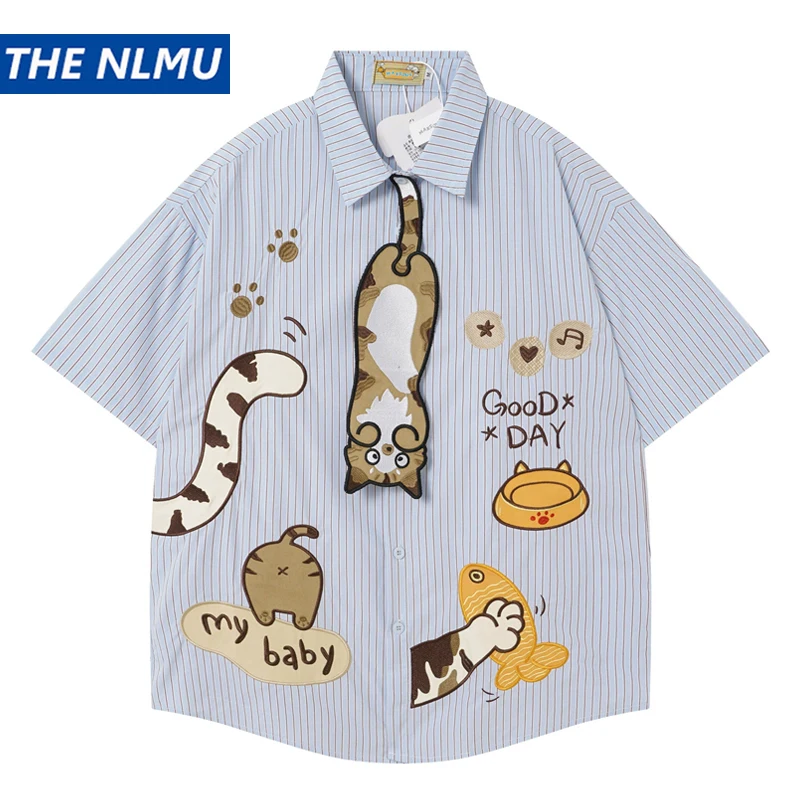 American Style Funny Cat Embroidery Striped Shirt Men Women Summer Loose Casual Short Sleeve Top Unisex Button Shirts
American Style Funny Cat Embroidery Striped Shirt Men Women Summer Loose Casual Short Sleeve Top Unisex Button Shirts