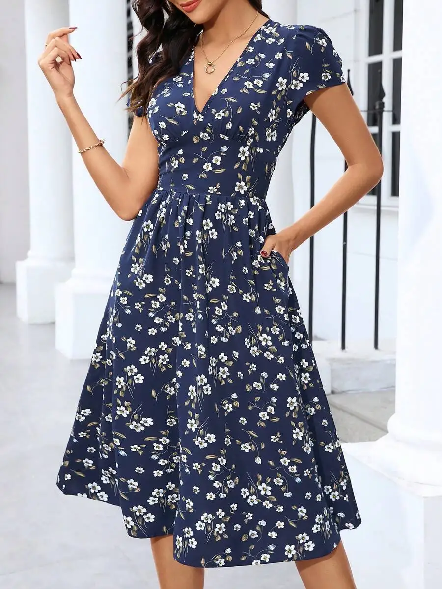 Womens Floral Print V-Neck Midi Dress With Pockets Casual Summer Dress
Womens Floral Print V-Neck Midi Dress With Pockets Casual Summer Dress