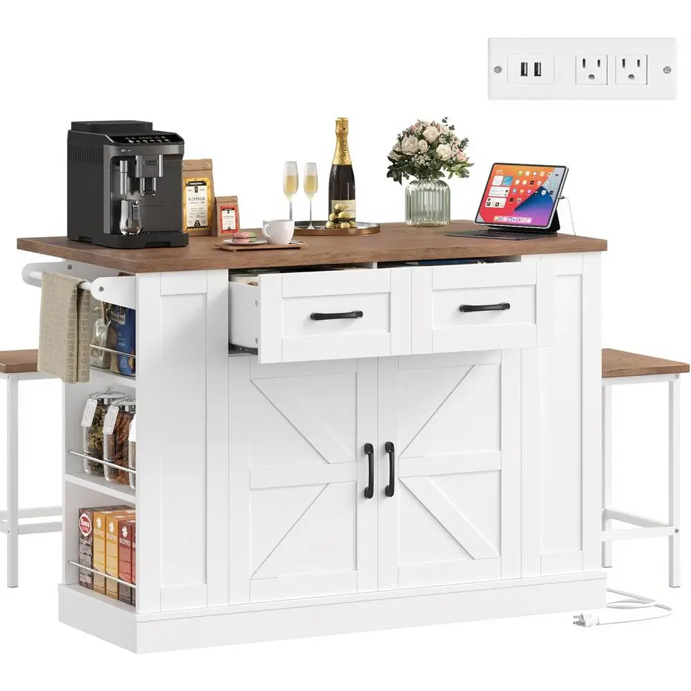 White 51.2 Mobile Kitchen Island with Drop Leaf, 2 Stools, Power Outlet, and Storage Rack
White 51.2 Mobile Kitchen Island with Drop Leaf, 2 Stools, Power Outlet, and Storage Rack