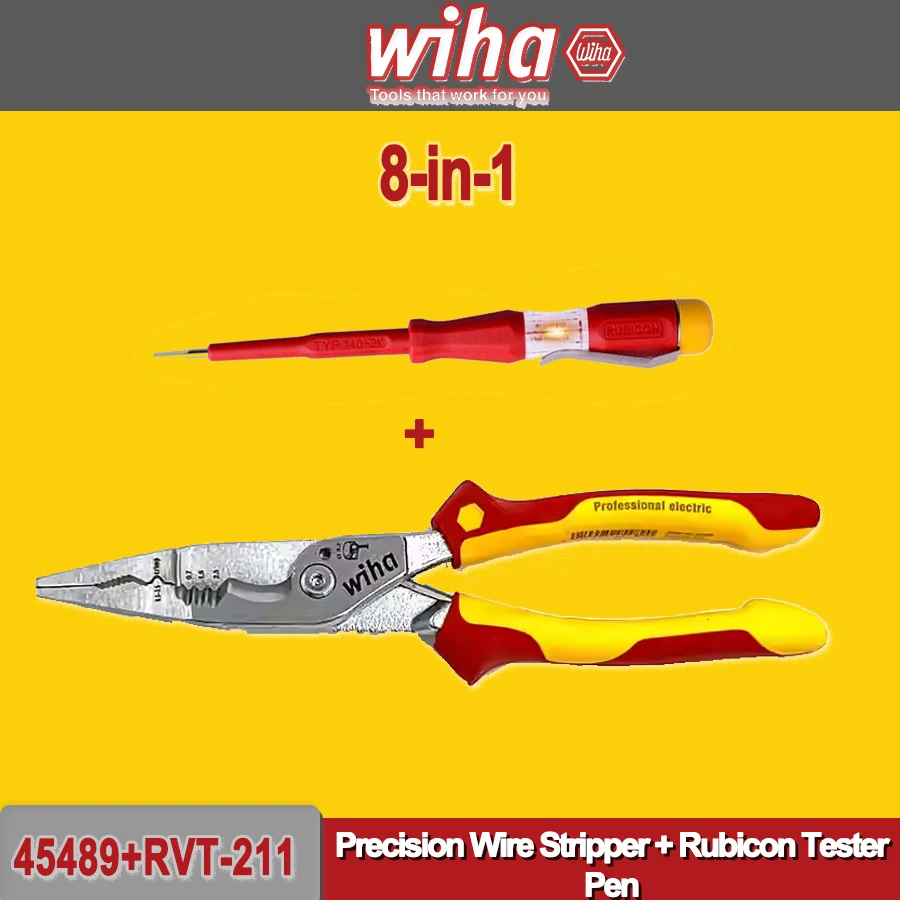 WIHA 8-in-1 Insulated Electrician Plier 1000V VDE Precision Wire Stripper + Rubicon Tester Pen 45489+RVT-211
WIHA 8-in-1 Insulated Electrician Plier 1000V VDE Precision Wire Stripper + Rubicon Tester Pen 45489+RVT-211