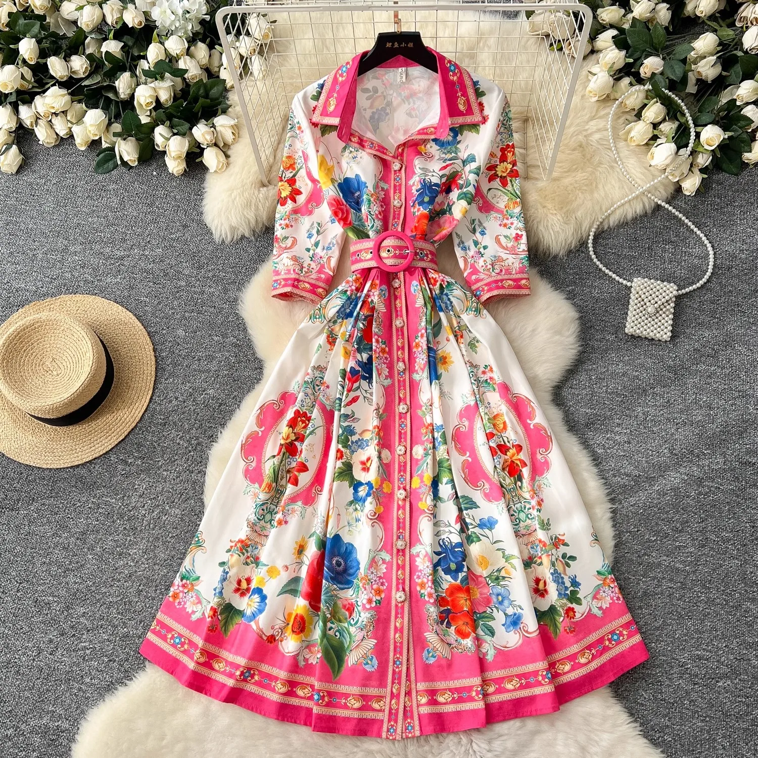 Elegant Short Sleeve Vintage Lapel Chic Print Fashion Pearl Buttons Belt Single Breasted Dress High Street Summer Clothing
Elegant Short Sleeve Vintage Lapel Chic Print Fashion Pearl Buttons Belt Single Breasted Dress High Street Summer Clothing