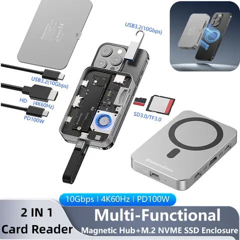 10Gbps Magnetic SSD Enclosure Docking Station USB-C USB3.2 Splitter 2in1 NVME Card Reader for iPhone 16/16 Pro/iPhone 15/15 Pro