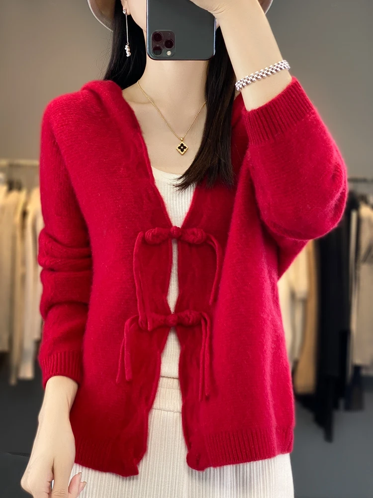 Women Cashmere Hoodie Sweater Spring Autumn 100% Merino Wool Long Sleeve Cardigan Chinese Knot Button Knitwear Korean Popular
Women Cashmere Hoodie Sweater Spring Autumn 100% Merino Wool Long Sleeve Cardigan Chinese Knot Button Knitwear Korean Popular