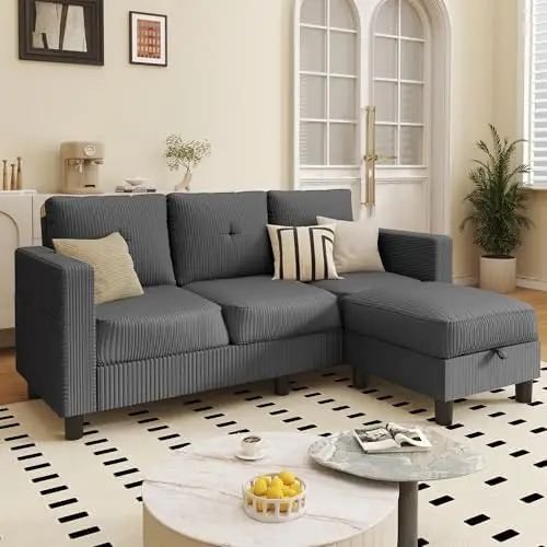 Convertible L-Shaped Sectional Sofa with Reversible Storage Ottoman, 3-Seat Couch with Side Pockets, Modern Compact
Convertible L-Shaped Sectional Sofa with Reversible Storage Ottoman, 3-Seat Couch with Side Pockets, Modern Compact