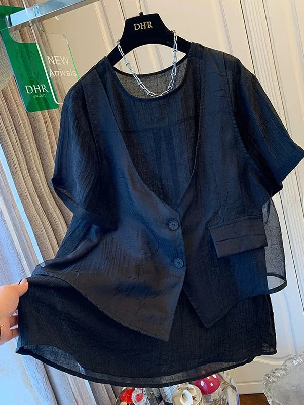 plus Size Women's Summer Shirt Loose Fit Linen Patchwork Slimming Top Fake Two-Piece Casual Style Short Sleeve round Neck
plus Size Women's Summer Shirt Loose Fit Linen Patchwork Slimming Top Fake Two-Piece Casual Style Short Sleeve round Neck