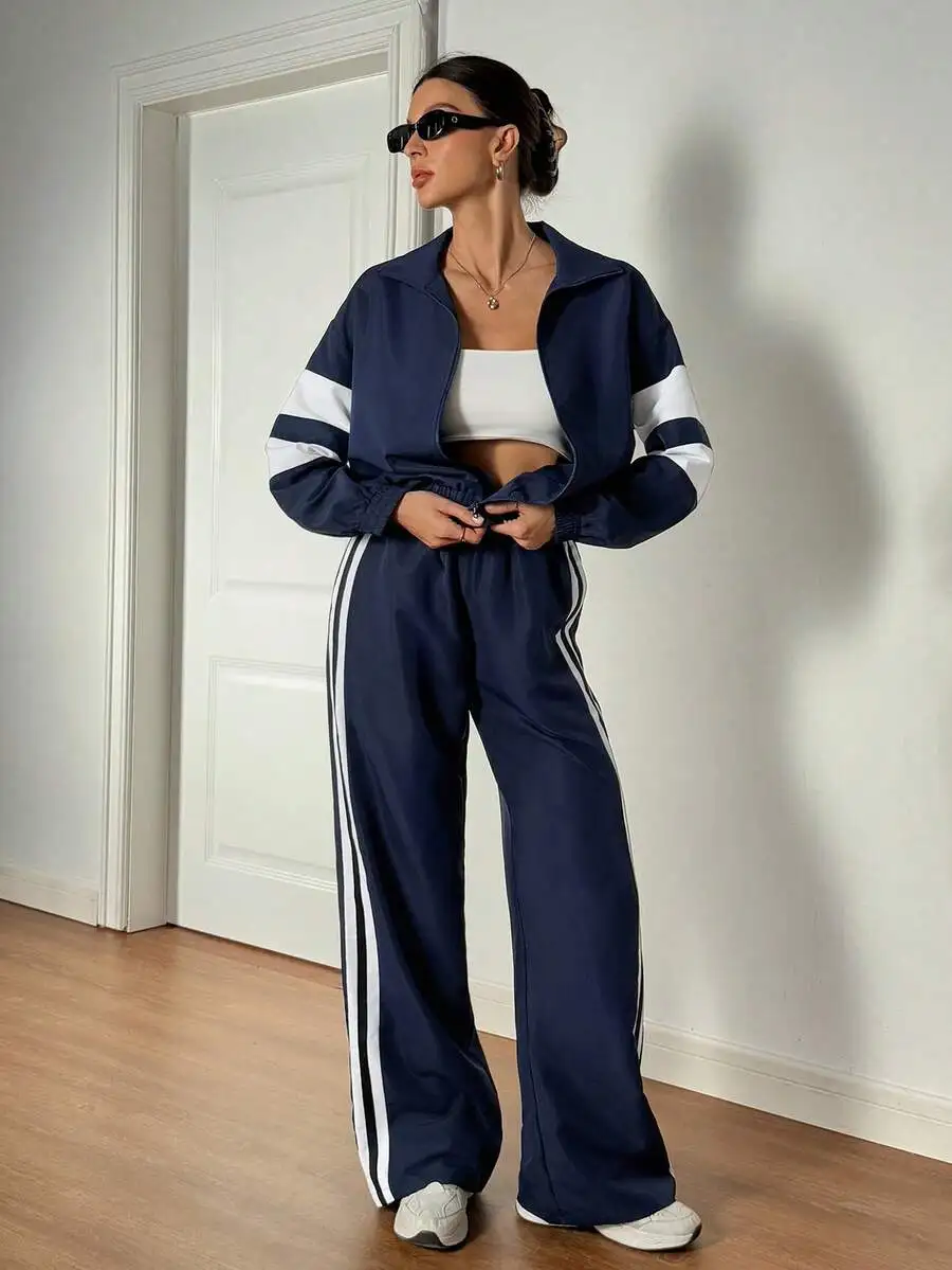 Casual Sports Street Stand-Up Collar Zipper Long Sleeve Jacket And Wide Leg Trousers Set Blue With White Black Stripe
Casual Sports Street Stand-Up Collar Zipper Long Sleeve Jacket And Wide Leg Trousers Set Blue With White Black Stripe