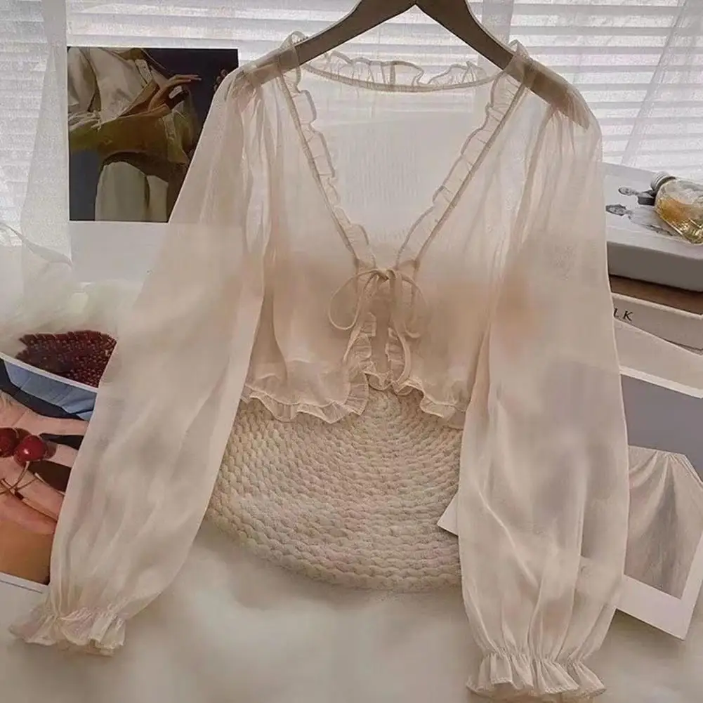 Elegant Fungus Edge Top Sun Protection Blouse Stylish Women's Sun Protection Chiffon Cardigan Blouse with Lace-up for Work
Elegant Fungus Edge Top Sun Protection Blouse Stylish Women's Sun Protection Chiffon Cardigan Blouse with Lace-up for Work