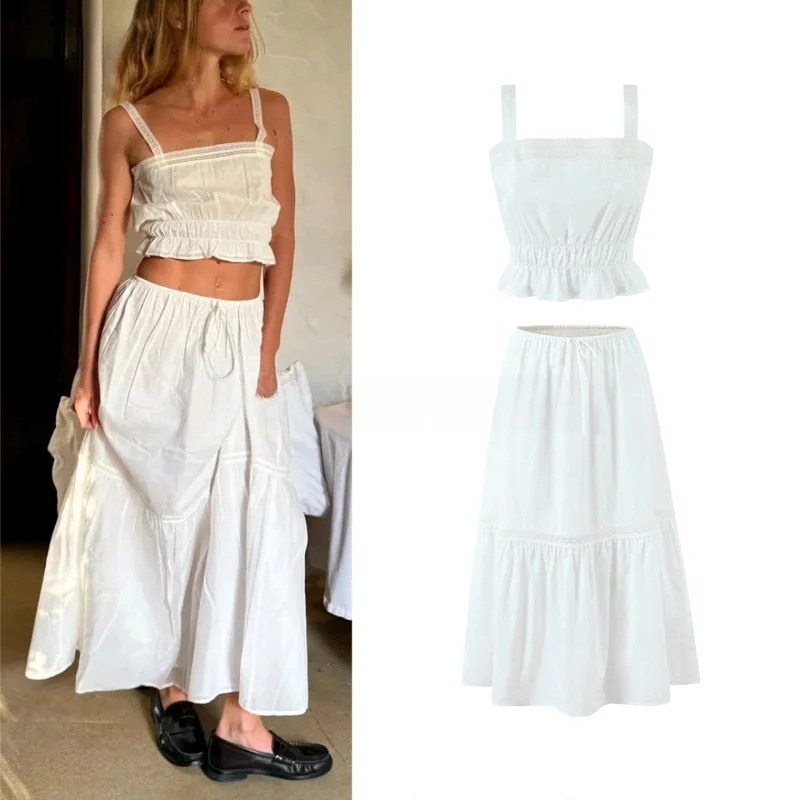 Summer New Women's Holiday Style Lace Splicing Hollow out Belted Strap Long Half Skirt Set High Waist Loose Fit Casual Fashion
Summer New Women's Holiday Style Lace Splicing Hollow out Belted Strap Long Half Skirt Set High Waist Loose Fit Casual Fashion