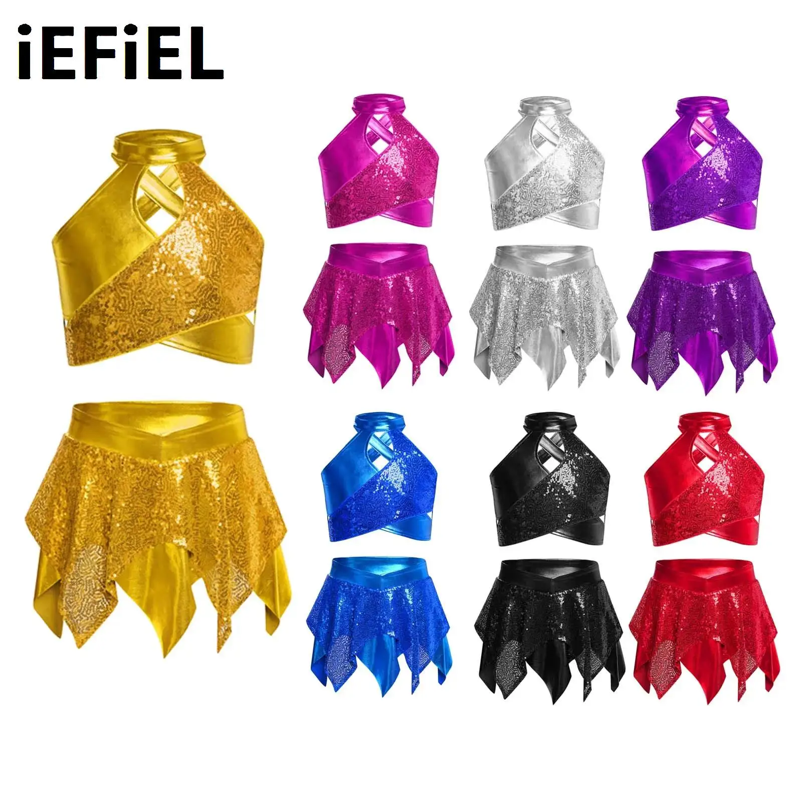 Kids Girls Sparkly Sequins Jazz Dance Outfits Performance Costume Cross Keyhole Metallic Crop Top with Asymmetric Skirt
Kids Girls Sparkly Sequins Jazz Dance Outfits Performance Costume Cross Keyhole Metallic Crop Top with Asymmetric Skirt