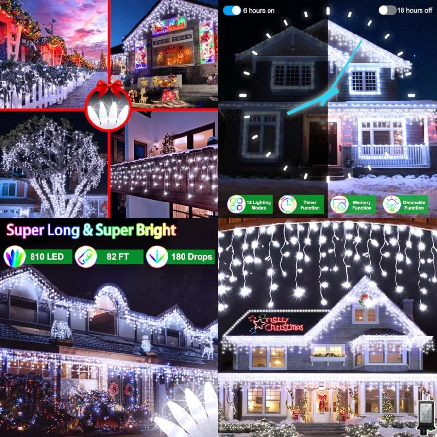 82Feet 810 LED Christmas Lights 180 Ice Drops, 12 Lighting Modes and Timer Memory Dimmable, Outdoor Waterproof Hanging Ice Stri
82Feet 810 LED Christmas Lights 180 Ice Drops, 12 Lighting Modes and Timer Memory Dimmable, Outdoor Waterproof Hanging Ice Stri