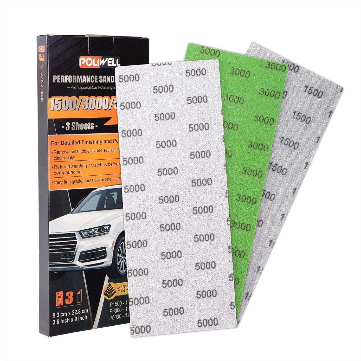 Car Sandpaper Set: 3.6" x 9" Wet/Dry Polishing Pads (1500/3000/5000 Grit) for Clear Coat Scratch Repair and Automotive Detailing
Car Sandpaper Set: 3.6" x 9" Wet/Dry Polishing Pads (1500/3000/5000 Grit) for Clear Coat Scratch Repair and Automotive Detailing