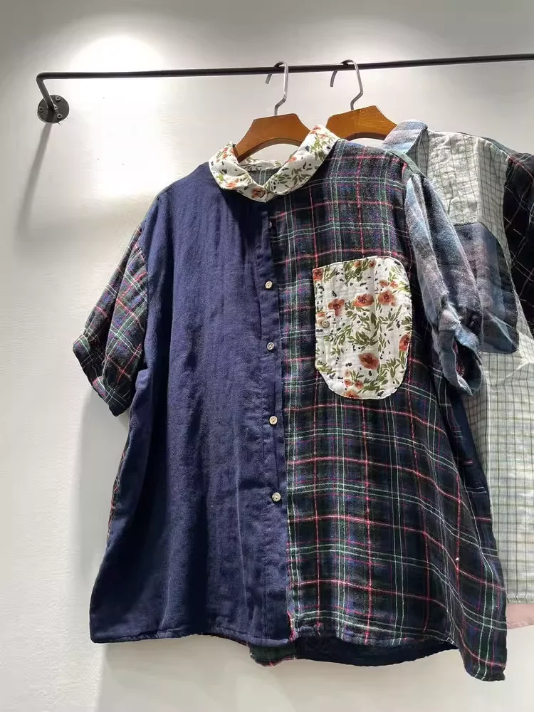 2025 Cotton yarn summer clothes original design women's plaid shirt mori girl print plaid patchwork short sleeve blouses
2025 Cotton yarn summer clothes original design women's plaid shirt mori girl print plaid patchwork short sleeve blouses