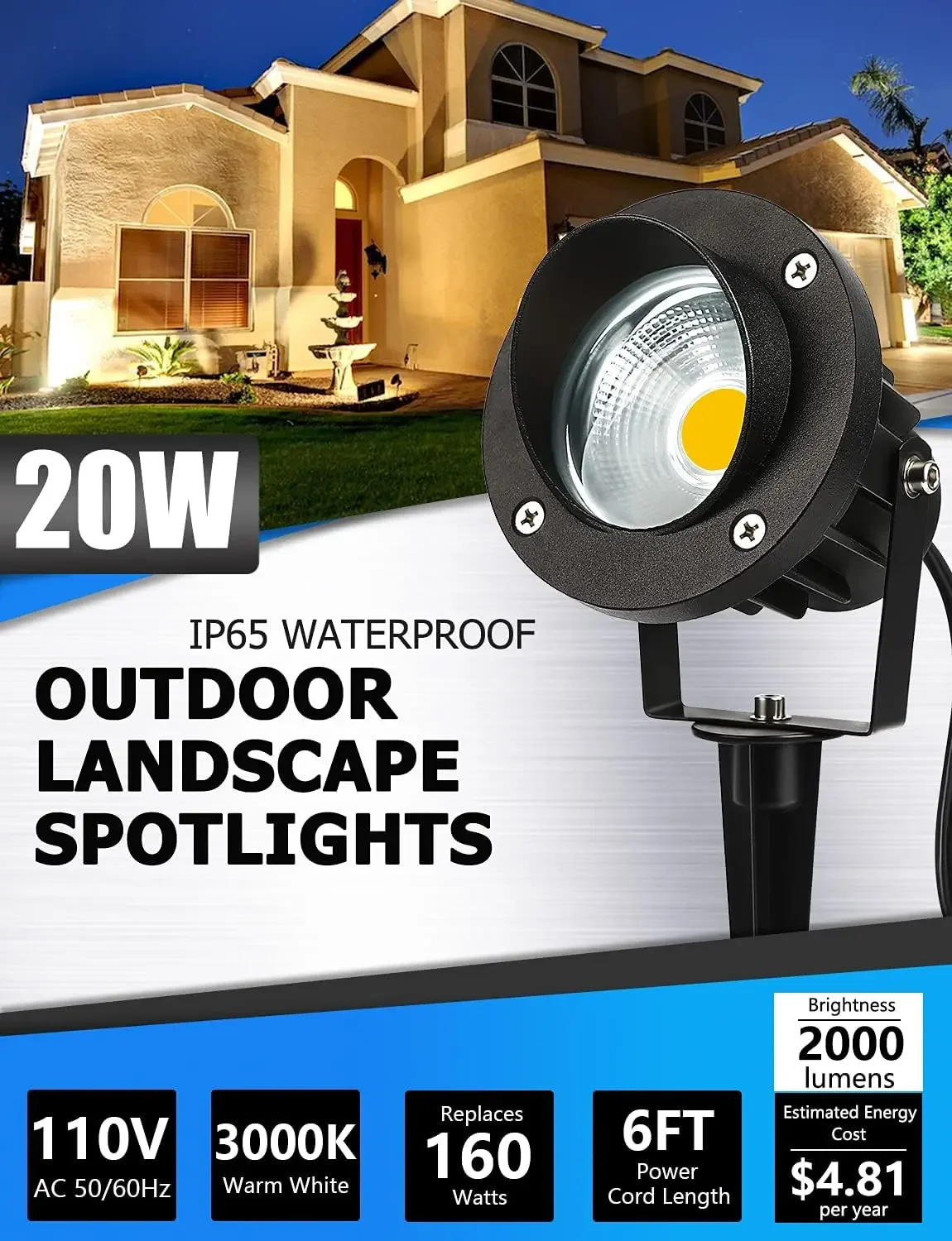 20W LED Outdoor Spotlight Landscape Lighting Waterproof 110V/220V AC Tree Flag Lawn Decorative Lamp with EU/US 3-Plug
20W LED Outdoor Spotlight Landscape Lighting Waterproof 110V/220V AC Tree Flag Lawn Decorative Lamp with EU/US 3-Plug