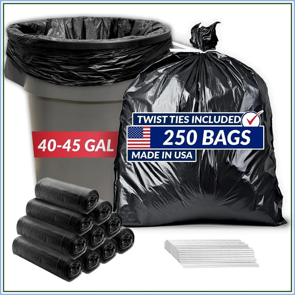 Heavy Duty 40-45 Gallon Trash Bags, 250 Count with Ties, Black, Leak-Proof Star Seal
Heavy Duty 40-45 Gallon Trash Bags, 250 Count with Ties, Black, Leak-Proof Star Seal