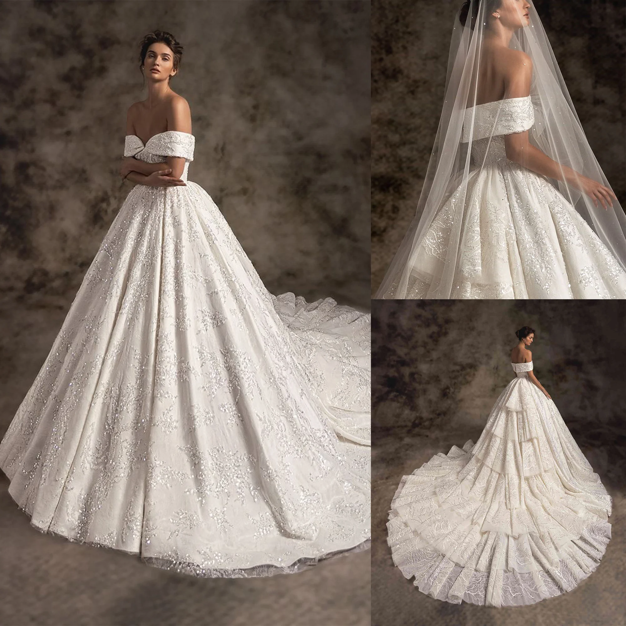 Elegant A Line Wedding Dresses Off Shoulder Sequins Appliques Bridal Gowns Vestido Novia Backless Tiered Skirts Bride Dress
Elegant A Line Wedding Dresses Off Shoulder Sequins Appliques Bridal Gowns Vestido Novia Backless Tiered Skirts Bride Dress