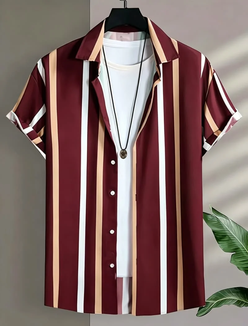 Men's vertical striped printed casual short shirt, suitable for various scenes such as beach vacations and weekend outings
Men's vertical striped printed casual short shirt, suitable for various scenes such as beach vacations and weekend outings