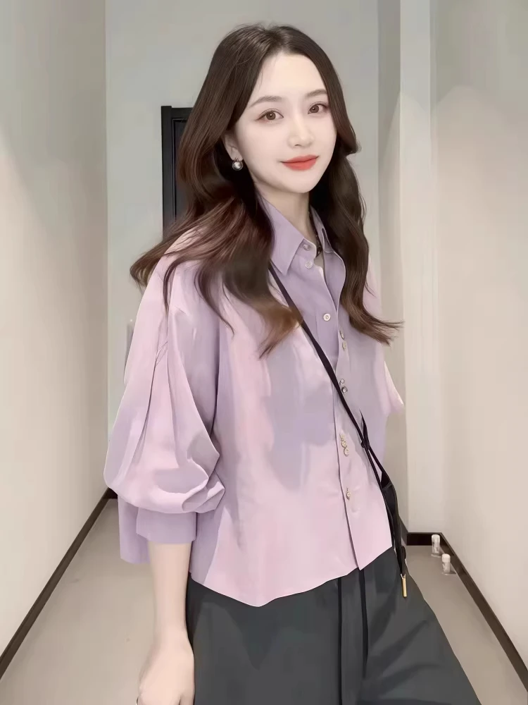 Loose Long Sve Women's irt Purple Collar Faionable Layering Spring Autumn Versatile Slimming Top Brand Bule Euro Sle
Loose Long Sve Women's irt Purple Collar Faionable Layering Spring Autumn Versatile Slimming Top Brand Bule Euro Sle