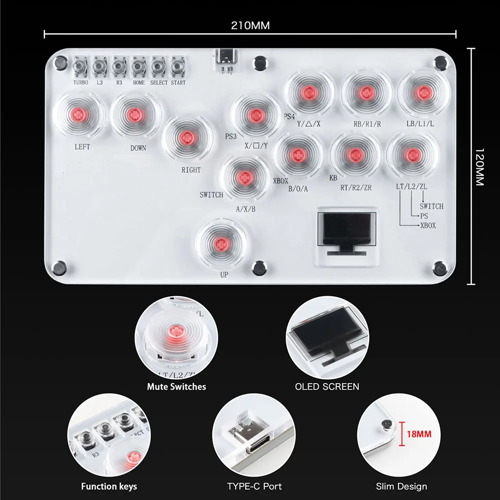 Leverless Controller Fight Sticks RGB Arcade Fightstick Stickless Arcade Stick Keyboard Rims Button for PS4/PS3/Switch/PC