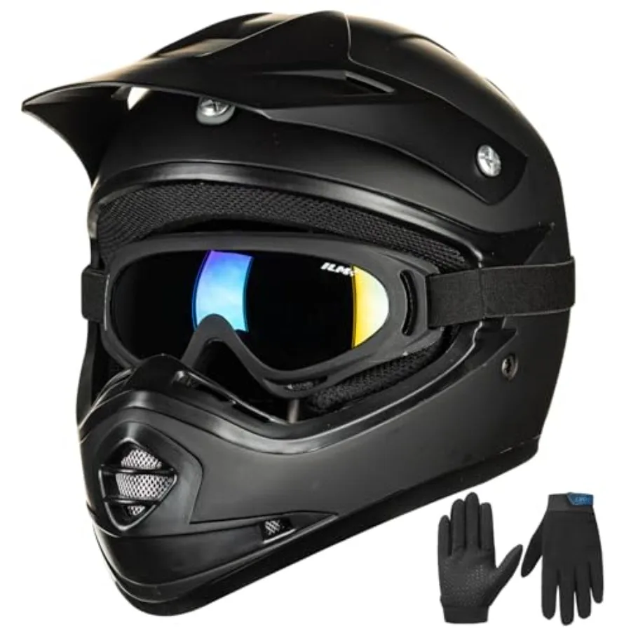 Youth ATV motocross helmet with matte black ABS shell DOT-approved for off-road dirt bike use includes integrated goggles and s
Youth ATV motocross helmet with matte black ABS shell DOT-approved for off-road dirt bike use includes integrated goggles and s