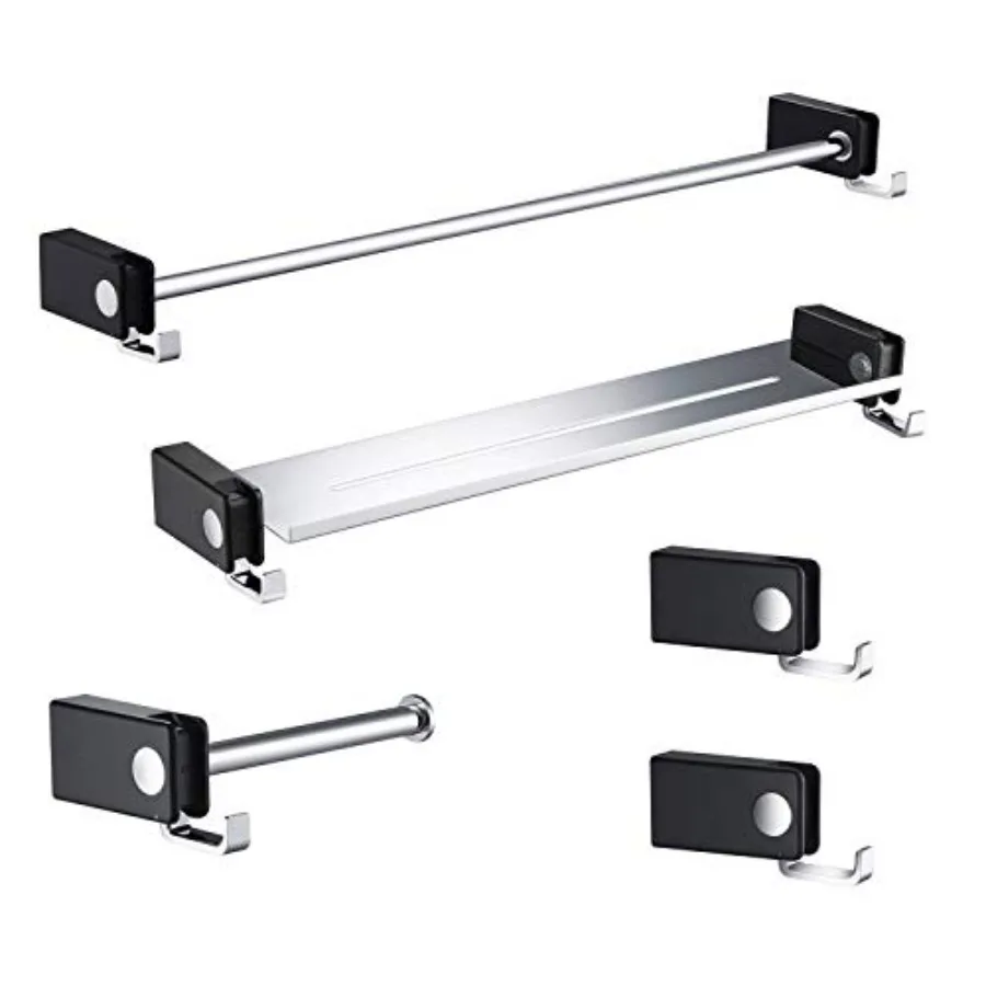 Wall Mounted Bathroom Hardware Set: Chrome Black, 5-Piece Towel Bar, Ring, TP Holder, Robe Hook, Double Hook Durable Stainless
Wall Mounted Bathroom Hardware Set: Chrome Black, 5-Piece Towel Bar, Ring, TP Holder, Robe Hook, Double Hook Durable Stainless