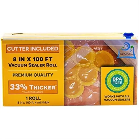 Vacuum Sealer Roll with Cutter 8" x 100' 4 mil Embossed Bags, Works with All Machines
Vacuum Sealer Roll with Cutter 8" x 100' 4 mil Embossed Bags, Works with All Machines