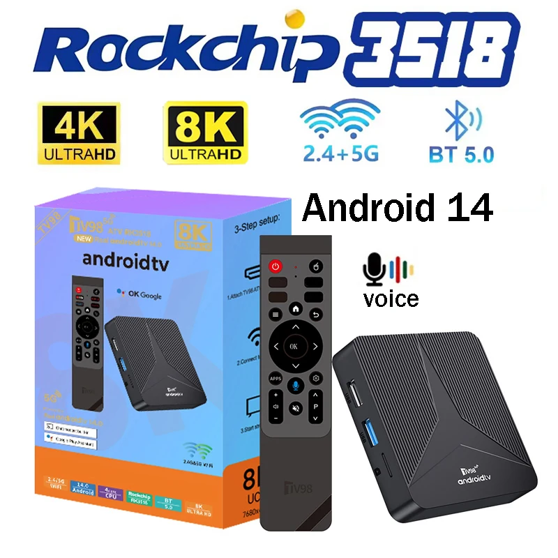 ТВ-приставка TV98 ATV RK3518 Smart TV Box на Android 14 с поддержкой Dual WiFi 5G/4G, BT5.0, 8K/4K Ultra HD, голосовым управлением и IPTV.
ТВ-приставка TV98 ATV RK3518 Smart TV Box на Android 14 с поддержкой Dual WiFi 5G/4G, BT5.0, 8K/4K Ultra HD, голосовым управлением и IPTV.