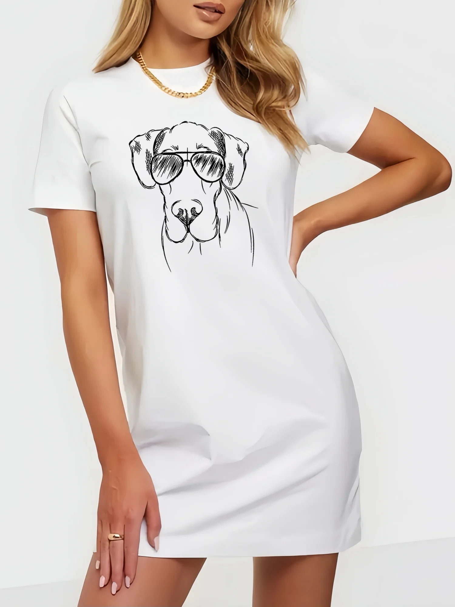 

Simply Fashion Puppy Wearing Sunglasses Print Short Dress Lady Cozy Casual Slim Fit T Shirt Dress Women