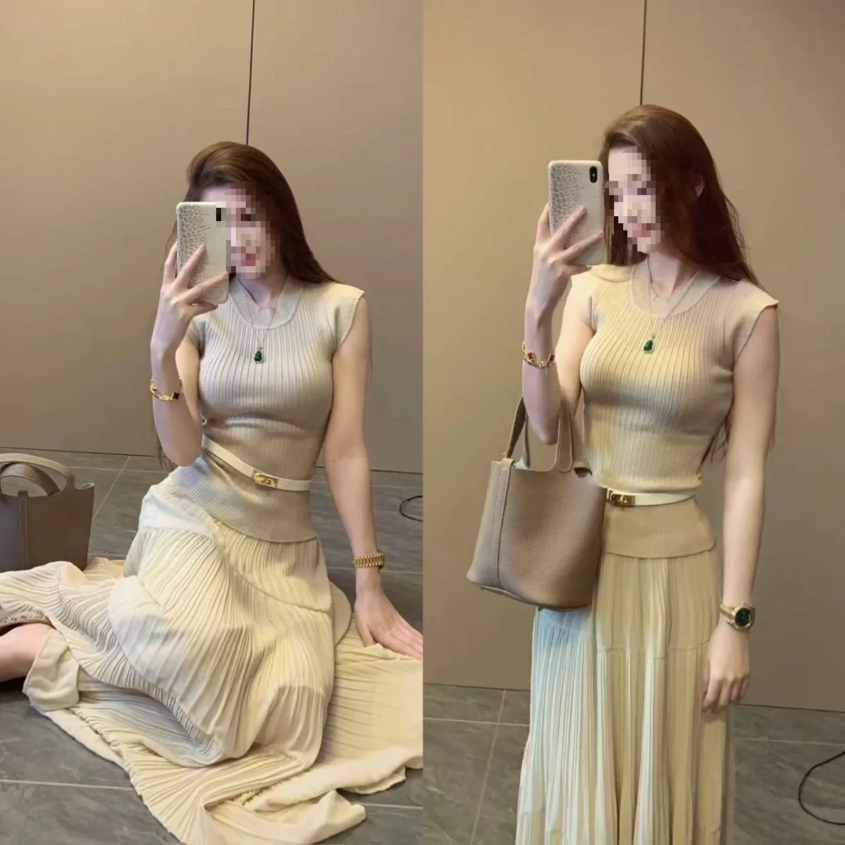 Ele Korean Sle Women's Knitted High Collar Svel Vest Top with Pleated Skirt Faionable Summer Outfit Set
Ele Korean Sle Women's Knitted High Collar Svel Vest Top with Pleated Skirt Faionable Summer Outfit Set