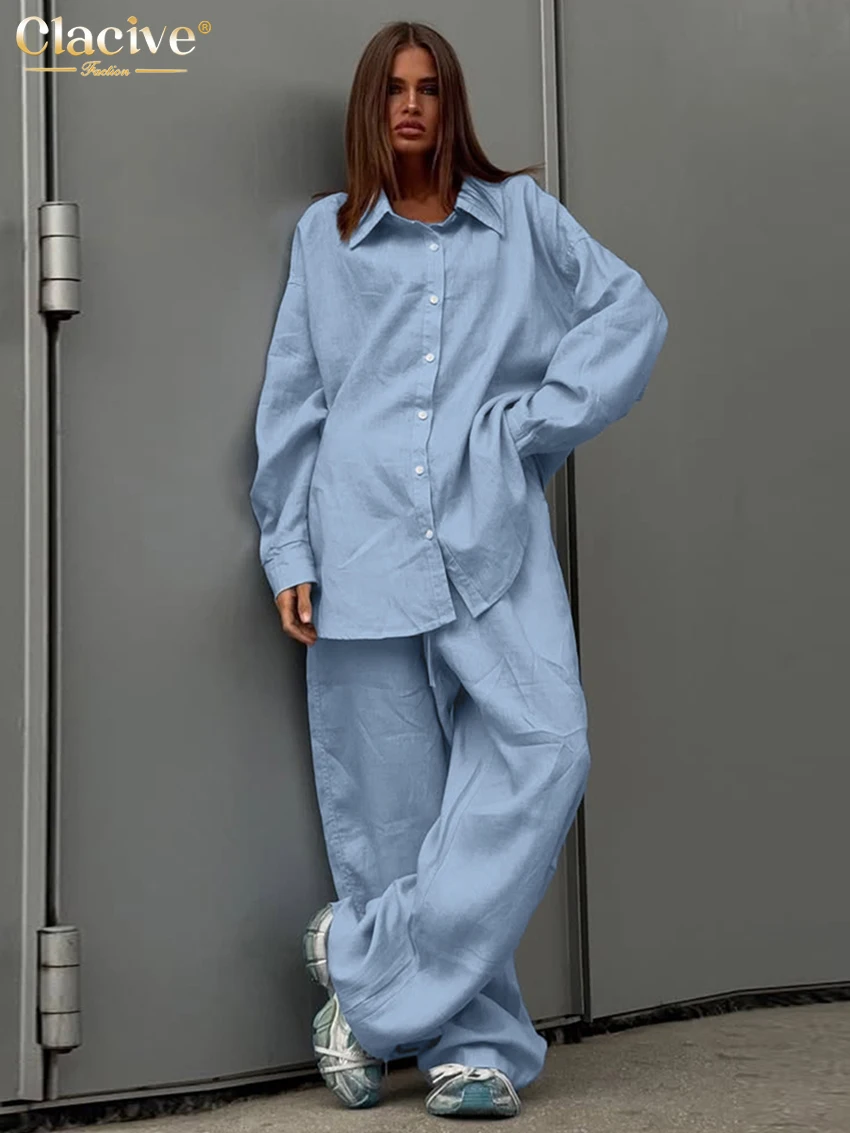 Clacive Fashion Loose Blue Cotton 2 Piece Set Women Elegant Long Sleeve Blouse With High Waist Wide Pants Set Female Streetwear
Clacive Fashion Loose Blue Cotton 2 Piece Set Women Elegant Long Sleeve Blouse With High Waist Wide Pants Set Female Streetwear