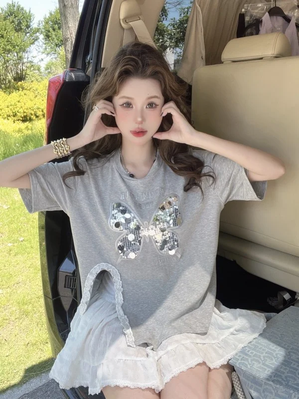 Sweet Lace Splice Slimming Loose Short Sleeve T-Shirt Women's Summer Fashionable Sequins Top Korean Style round Neck
Sweet Lace Splice Slimming Loose Short Sleeve T-Shirt Women's Summer Fashionable Sequins Top Korean Style round Neck