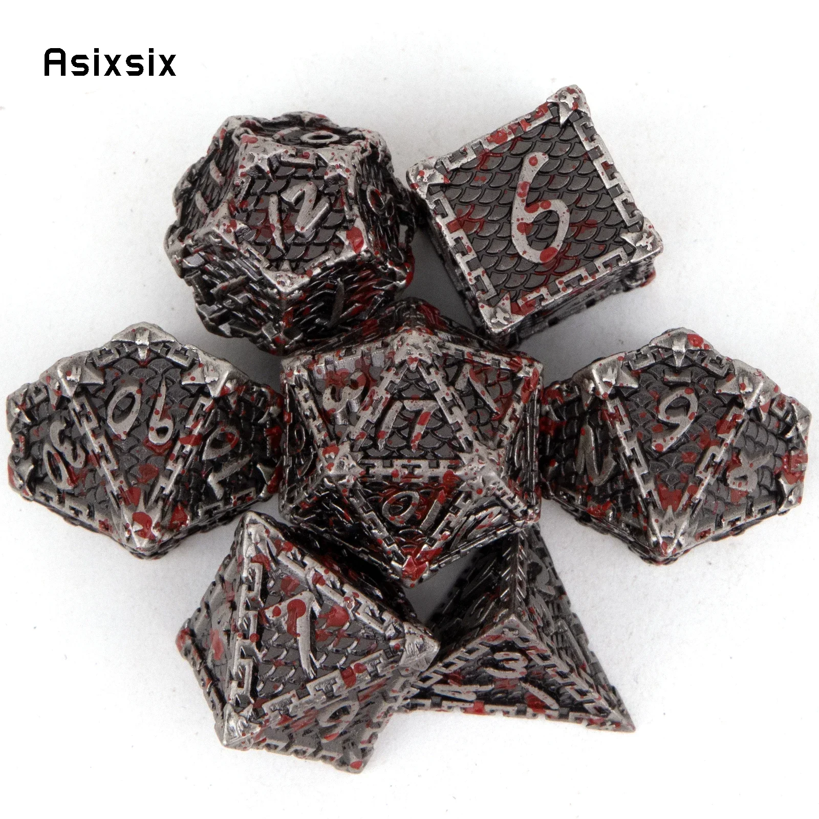 7 Pcs Silver Red Fish Scale Metal Dice Solid Metal Polyhedral Dice Set Suitable for Role-Playing RPG Board Game Gift
7 Pcs Silver Red Fish Scale Metal Dice Solid Metal Polyhedral Dice Set Suitable for Role-Playing RPG Board Game Gift