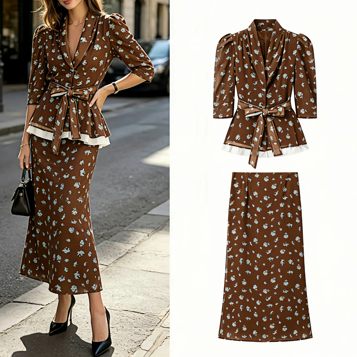 Summer Elegant Casual Chic Womens Floral Print Gauze Patchwork V-Neck Lace Up Waist Cinching Skirt Suit Blouse Skirt Set
Summer Elegant Casual Chic Womens Floral Print Gauze Patchwork V-Neck Lace Up Waist Cinching Skirt Suit Blouse Skirt Set